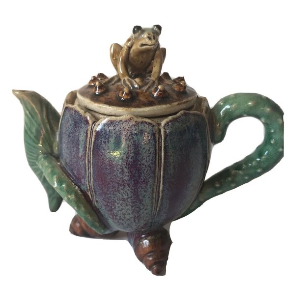 Stoneware art teapot with frog conch shell legs lotus leaf blue green unsigned - Picture 1 of 10